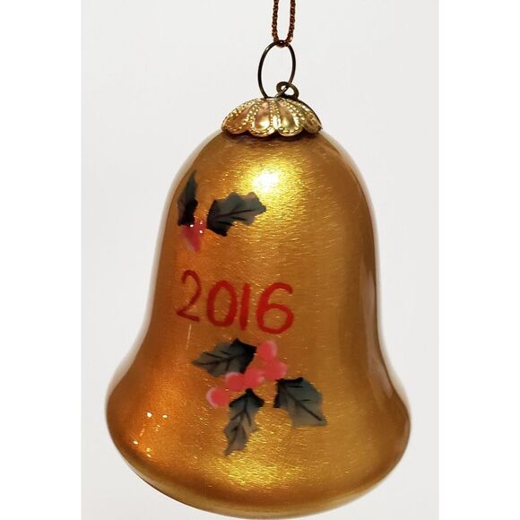 Pier 1 Li Bien 2016 Poinsettia Gold Bell Red Boxed Reverse Painted Ornament Box - Picture 6 of 10